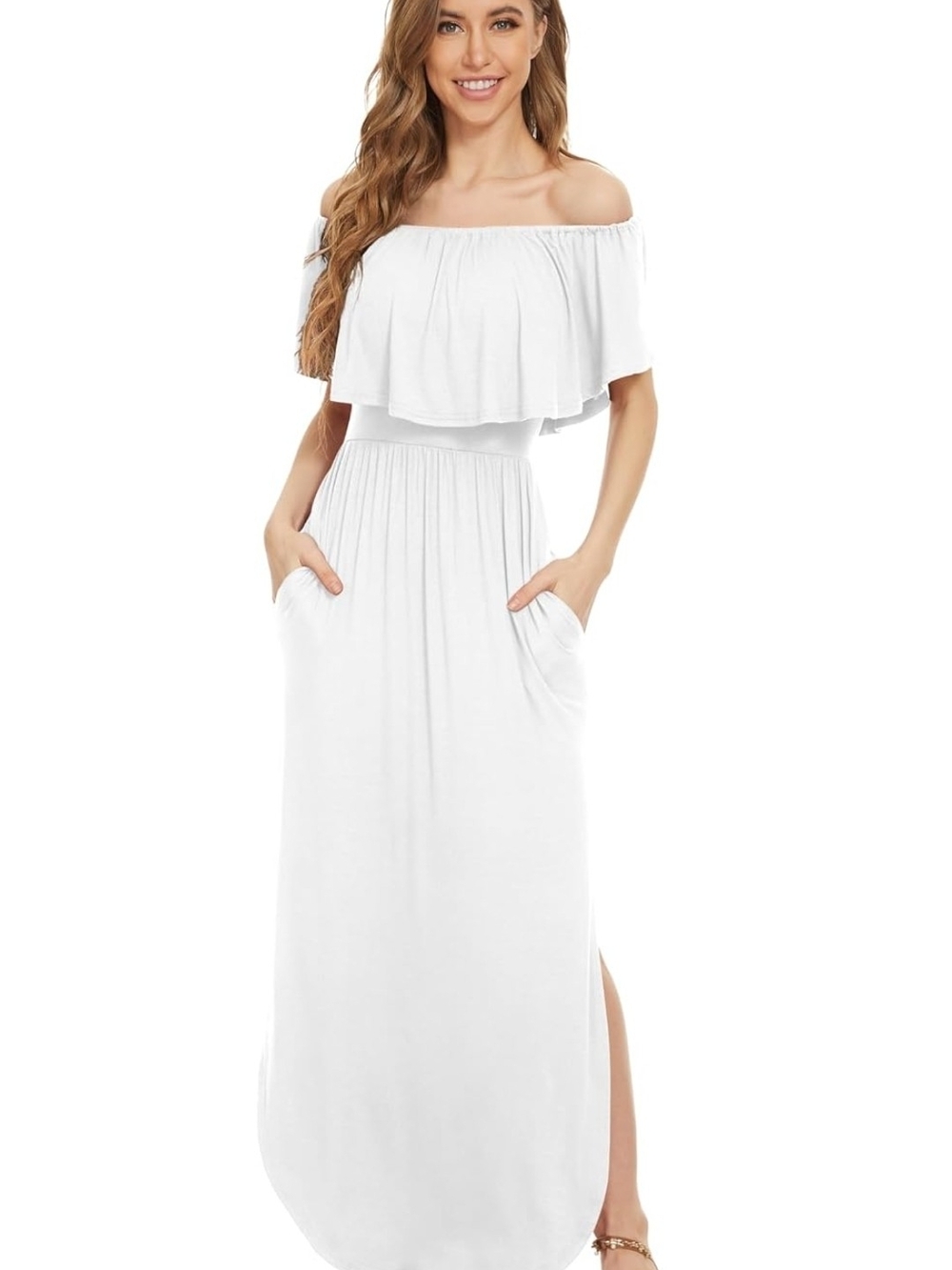 Off-Shoulder White Maxi Dress with Ruffle Bodice